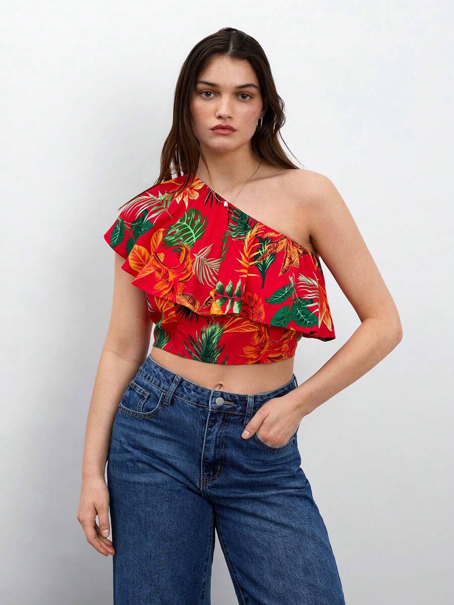 Maija 大码女式热带植物印花荷叶边单肩时尚度假上衣
