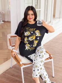 Dream Adore Cute Cartoon Tiger Print Round Neck Short Sleeve Pajama Set, Plus Size - Multicolor - View 5