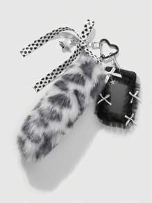 ROMWE Grunge Punk 1 件 Y2K 复古甜美哥特风格灰色毛绒动物豹纹假尾巴，皮革心形蝴蝶结，CCB 星形网纱蕾丝卡包，DIY 钥匙扣包包吊坠，适合上班族、学生和日常穿着，节日礼物，万圣节