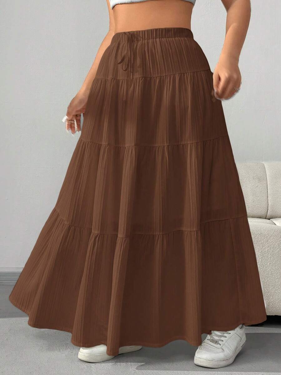 SHEIN EZwear Plus Size Women's Casual Drawstring Waist Ruffle Hem Skirt, Summer Brown - Brown - View 1