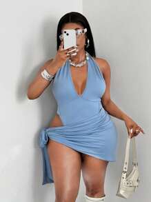Maweii Plus Size Women's Solid Color Backless Halter Bodysuit & Cover Up Two Pieces Set - Blue - View 5