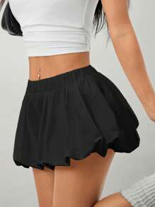 SHEIN PETITE Pantalones cortos bloomers de mujer de cintura elástica y pierna ancha en unicolor