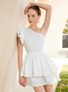 Aveloria Rosie Shoulder Strap Floral Lace Splice Solid Color Short Sleeve Dress Elegant FashionableOld Money Style  ROMANTIC Style Inspiration For Summer - White - View 4