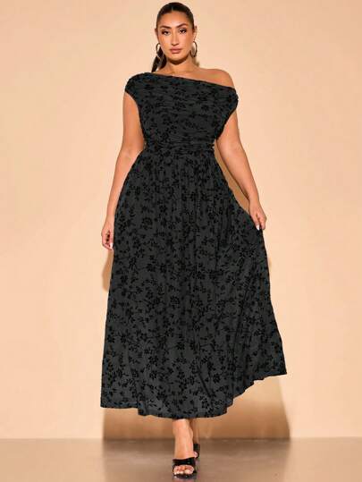 SHEIN BAE 大码女式春夏长款压花网眼连衣裙，适合生日、婚礼、伴娘礼服