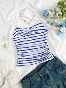 Flirla Women Summer Casual V-Neck Ruffled Striped Camisole, Versatile For Holiday And Daily Wear