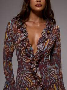 MUSERA Đầm maxi dài tay dáng rộng, cổ chữ V khoét sâu, viền bèo nhún, chất liệu chiffon in họa tiết, thích hợp cho kỳ nghỉ hè, đám cưới thanh lịch, lễ tốt nghiệp, tiệc trang trọng, lễ hội bãi biển Ibiza, buổi tối mùa thu, hẹn hò sang trọng. - Nhiều màu - Xem 6