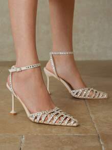 MOTF PREMIUM RHINESTONE HOLLOW-OUT POINTED TOE ANKLE STRAP HIGH HEEL SHOES - Apricot - View 1