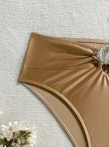 Swim SXY 1pc High-Waisted Solid Shiny Fabric Sexy Shell Metal Decor Women Swimsuit Bikini Bottom For Summer Beach Vacation - Brown - View 8