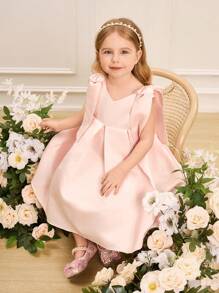 SHEIN Glamorique Kids Vestido de princesa con diseño de flor para niña, vestido de satén plisado sin mangas con cuello en V y diseño de lazo en los hombros, elegante para fiesta de cumpleaños, boda, actuación en el escenario, sesión de fotos, suave y esponjoso