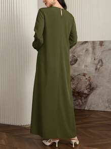 Al Najma Women's Elegant Long Sleeve Arabic Style Dress With Beaded Embellishment, Elegant A Line Arabian Dresses, For Casual Daily, Modest - Army Green - View 2