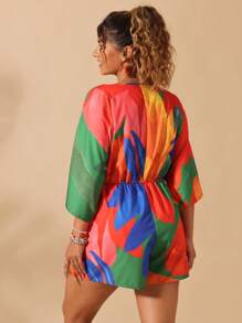 SHEIN Clasi Plus Size Dam V-ringad Träknapp Vatten Print Jumpsuit - Multifärgad - Visa 2