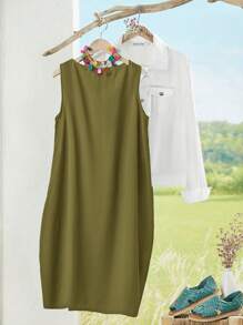 EMERY ROSE Plus Size Sleeveless Solid Color Casual Vacation Dress - Army Green - View 2