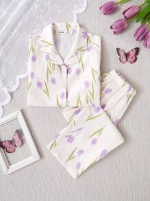 年轻女孩简约碎花短袖上衣和裤子 2 件套睡衣套装