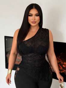 SHEIN SXY Plus Size Women's Spring/Summer Sexy One-Shoulder Ruched Waist Fitted Textured Fabric Black Crop Top, Suitable For Street, Casual, Sexy, Daily, Travel, Shopping, Dating, Cool & Comfortable To Wear, Easy To Match And Looks Slim, Accents Your Body And Flatters The Figure - Black - View 5