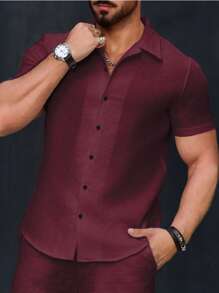 Manfinity Homme 男士纯色短袖单排扣休闲办公衬衫 - 乾枯玫瑰色 - 查看 4