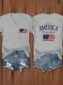 INAWLY 女式夏季短袖休闲 T 恤，带字母和美国国旗印花 - 淺灰色 - 查看 1