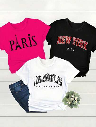 SHEIN Sparklyn 3pcs/Set Teen Girl Fashion English Graphic Print Short Sleeve Casual T-Shirts, Suitable As Graduation Gift, Spring/Summer, School, Campus, College