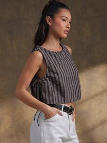 WESTFADE Round Neck Cute Bow Tie Sides Boxy Striped Crop Top Fall, Back To School, Autumn, Winter, Casual Cute Boho Tank Top, Western - Brown - View 4