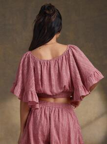 WESTFADE Áo crop top tay bèo nhún cổ tròn thêu họa tiết cao bồi miền Tây đi biển mùa hè - Màu đỏ tím - Xem 4