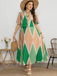 SHEIN Holidaya Set di maglietta a maniche corte con stampa e gonna a mezza vestaglia minimalista per donne taglia grande, outfit estivo