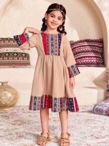 SHEIN DRMZ Young Girl Ditsy Floral Fitted Casual Round Neck Chiffon Dress - Red - View 5