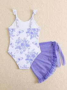 1pc Girls' Floral & Butterfly Printed One-Piece Swimsuit With Mesh Skirt - Multicolor - View 2