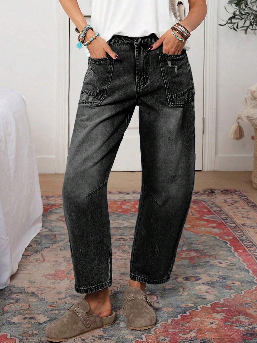 EMERY ROSE Women's Loose Casual Straight Pocket Distressed Jeans, Versatile - Light Grey - View 1