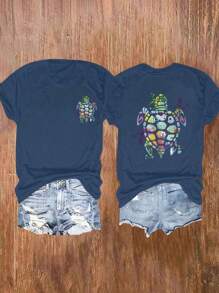 SHEIN CURVE+ Camiseta casual de manga corta y cuello redondo con estampado de tortuga para mujer de talla grande - Azul Marino - Ver 1