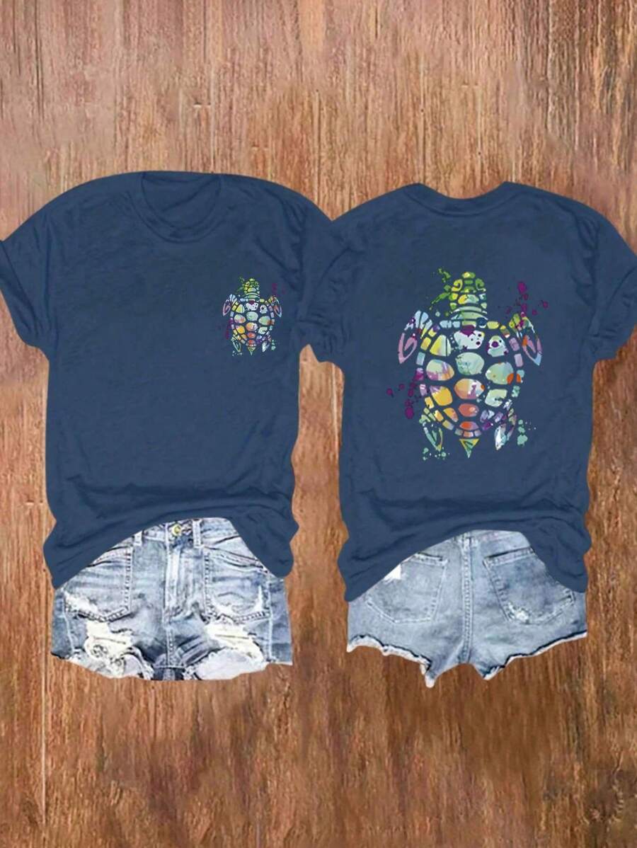 SHEIN CURVE+ Camiseta casual de manga corta y cuello redondo con estampado de tortuga para mujer de talla grande - Azul Marino - Ver 1