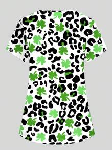 PopScrub Women's V-Neck Short Sleeve Double Pocket Cute Black & White Leopard Print Lucky Three-Leaf Clover Cartoon Print Nurse/Doctor/Pet Grooming/Nutritionist Work Scrub Uniform Top, Multi-Pockets Functional Work Wear, Graphic Tees For Women, Cheap Stuff, Functional Women Festival, Valentine's Day Decor, Winter Women Top