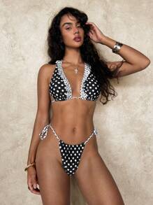 SHEIN Swim Bikini-Set mit Sommer-Polka-Punkt-und Blumenverzierung - Schwarz und Weiss - Übersicht 3