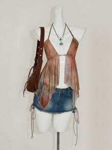 SHEIN ICON Damen Urlaubs Sexy Mesh Glockenärmel Neckholder Top Boho Abschluss Ostern Festival Flughafen, Rave Top, durchsichtiges Top