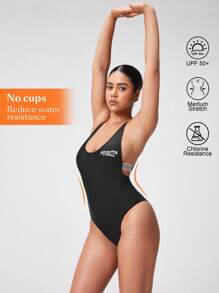 Swim Nautrix Women's Letter Print Quick Dry Racerback One-Piece Swimsuit Without Cup For Summer Beach Vacation - Black - View 1