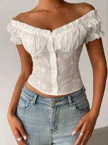 Aloruh Women's Spring/Summer White Shirt With 3D Embroidered Buttons - White - View 5