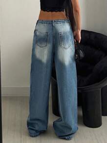 EURMUSE 100% Cotton HIGH WAIST WIDE LEG VINTAGE  JEAN Low Rise Jeans - Light Wash - View 2