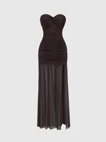 Sweetra Damen Mesh Patchwork körperbetont elegantes langes Kleid, Twist Knoten Dekor, Berufskleidung