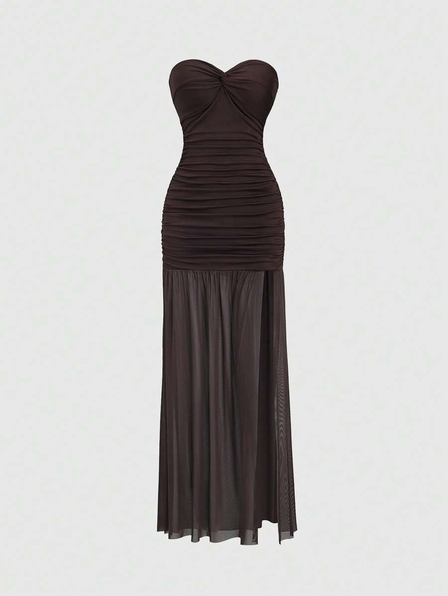 Sweetra Damen Mesh Patchwork körperbetont elegantes langes Kleid, Twist Knoten Dekor, Berufskleidung