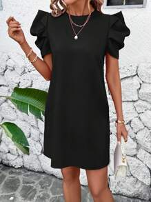 SHEIN Clasi Women Solid Color Round Neck Puff Sleeve Casual Dress,Summer Dresses For Women - Black - View 4