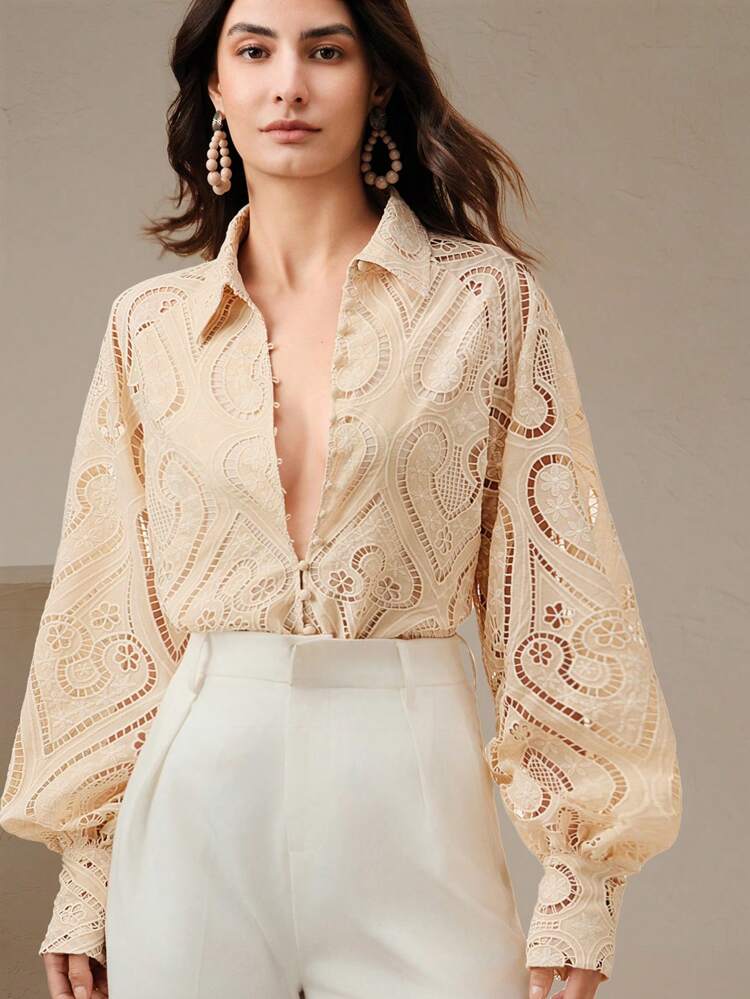 Women's Elegant Hollow-Out Vintage Loose Lantern Sleeve Lace Trim Long Sleeve Shirt, Suitable For Vacation, Festival, Casual Wear, Summer