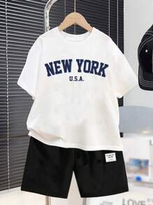 SHEIN 2pcs Kids Boys Casual Minimalist Letter Graphic Short Sleeve Tee And Shorts Set, Summer