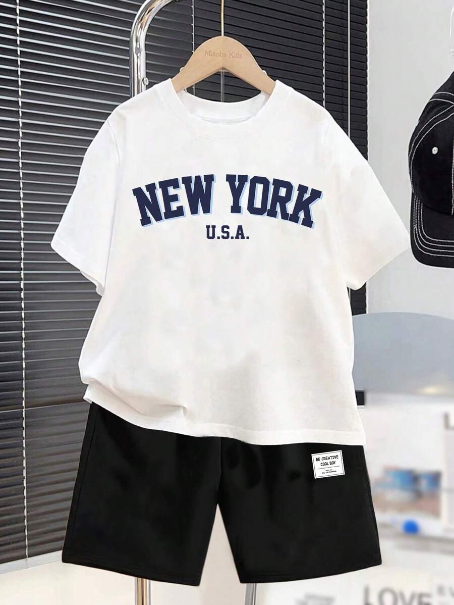 SHEIN 2pcs Kids Boys Casual Minimalist Letter Graphic Short Sleeve Tee And Shorts Set, Summer