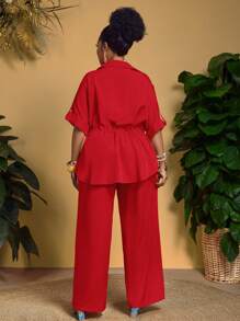 Slaydiva 大码女式优雅办公和度假胸袋抽绳腰衬衫和裤子两件套 - 紅色 - 查看 2