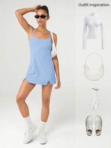 GLOWMODE Vestido mini deslizante FeatherFit™-Air Elevate A-Line con bolsillo corto incorporado, de bajo impacto, de verano, de secado rápido y que absorbe la humedad. - Celeste - Ver 8