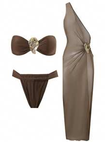 Swim Oasis Women Summer Beach Solid Color Sexy Bandeau Bikini Set With One Shoulder Cover Up Dress - Brown - View 1