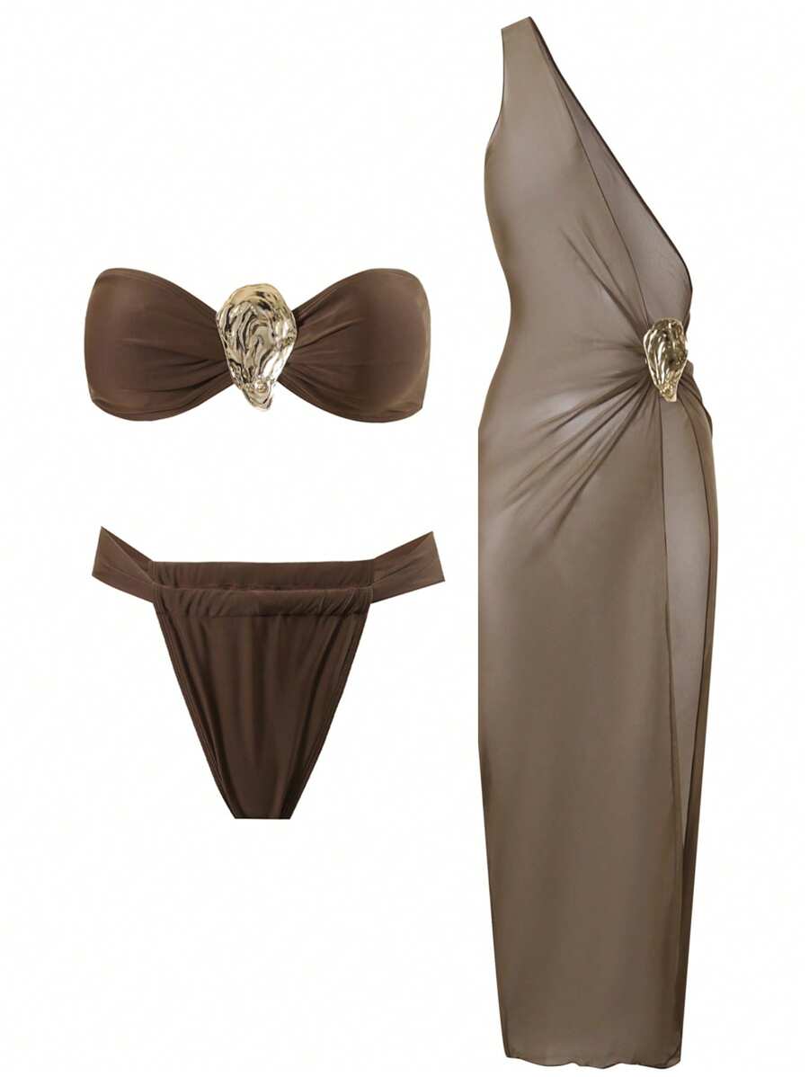 Swim Oasis Women Summer Beach Solid Color Sexy Bandeau Bikini Set With One Shoulder Cover Up Dress - Brown - View 1