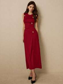 Poéselle Women 3D Flower Decor Crew Neck Sleeveless Bodycon Dress