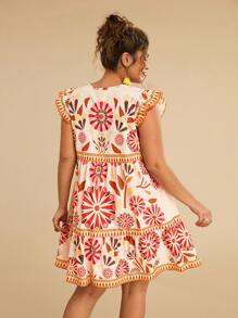 Travachic فستان كاجوال بأكمام قصيرة وياقة طاقم مع طباعة زهرية للنساء البدينات - وردي - مشاهدة 2