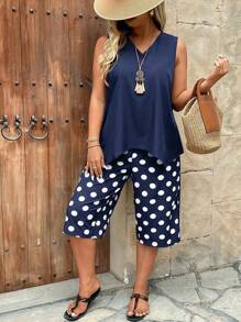 SHEIN LUNE Bộ 2 áo ba lỗ cổ chữ V viền bất đối xứng và quần dài 3/4 in họa tiết chấm bi thoải mái và giản dị - Màu xanh hải quân - Xem 5