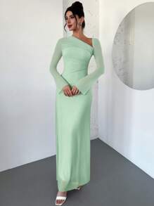 Firerie Robe longue asymétrique à épaules dégagées rose, élégante pour le domicile, les fêtes, les vacances, le printemps/été/automne