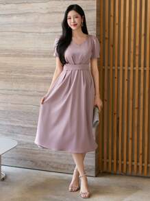 DAZY Solid Color Square Neck Puff Sleeve Pleated Midi Dress For Women Elegant Sundress - Pink - View 1